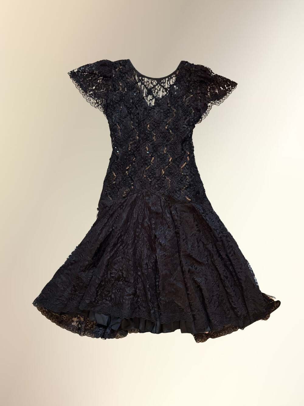 Vintage HW Collections Black Lace Sequin Fit Flare Party Dress 12